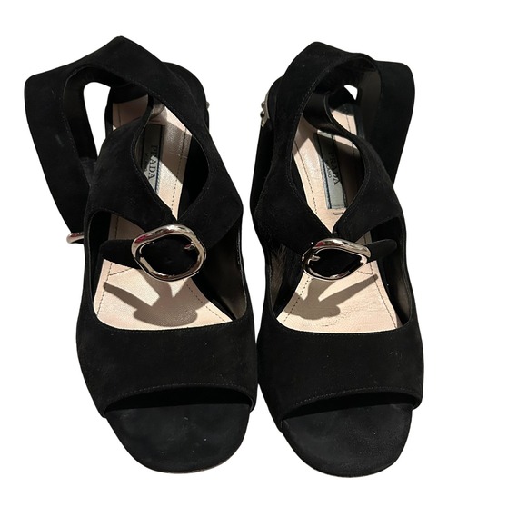 Prada Milano Black Suede Chunky Strappy Heels Vintage 90s Vampy Fairy Grunge - Picture 2 of 6
